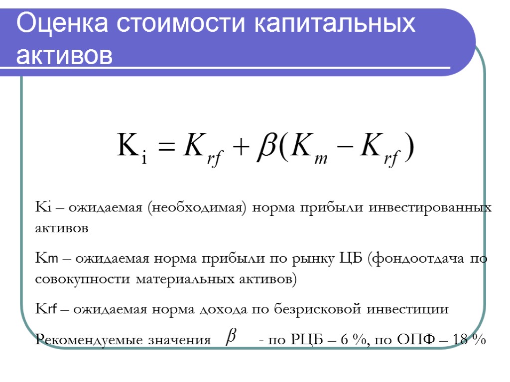 Оценка стоимости капитальных активов Ki – ожидаемая (необходимая) норма прибыли инвестированных активов Km –